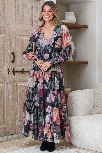 Trina Maxi Dress - Deep V Neck Tiered A-Line Dress with Balloon Sleeves in Annalisa Print