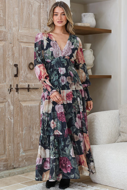 Trina Maxi Dress - Deep V Neck Tiered A-Line Dress with Balloon Sleeves in Annalisa Print