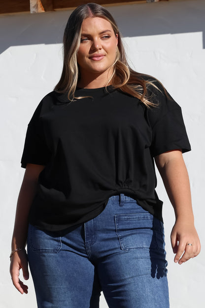 Tuck T-Shirt - Round Neckline Cotton Tee with Gathered Front Detail in Black