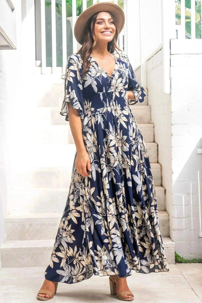 Frigg Maxi Dress - Buttoned Bodice A Line Dress With Flute Sleeves In Navy