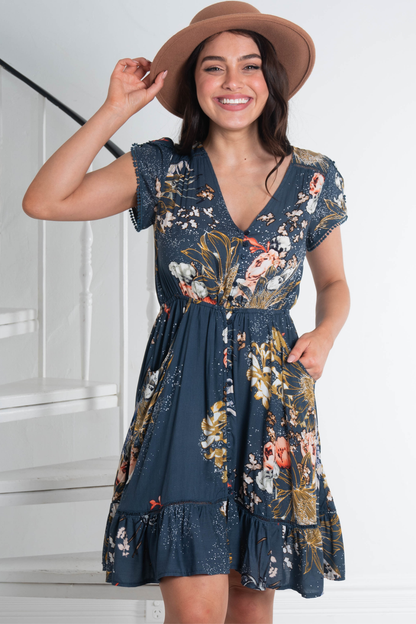 JAASE - Lizzie Mini Dress: Butterfly Cap Sleeve Button Down Dress With Pockets in Indigo Print