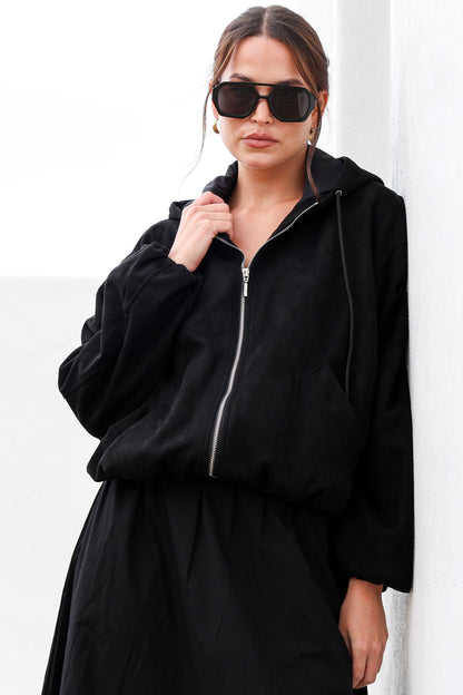 Vector Jacket - Faux Suede Zipper Closure Bomber Jacket with Hoodie in Black