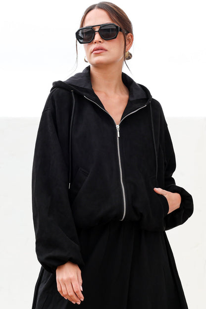 Vector Jacket - Faux Suede Zipper Closure Bomber Jacket with Hoodie in Black