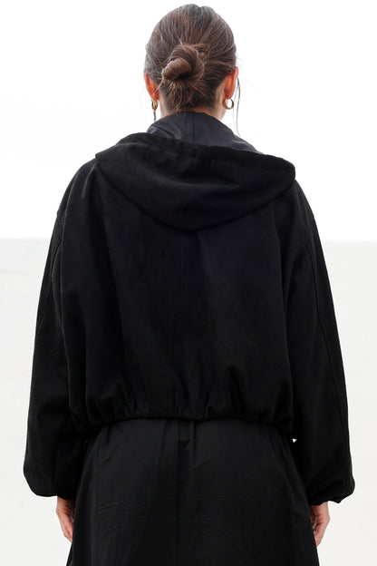 Vector Jacket - Faux Suede Zipper Closure Bomber Jacket with Hoodie in Black