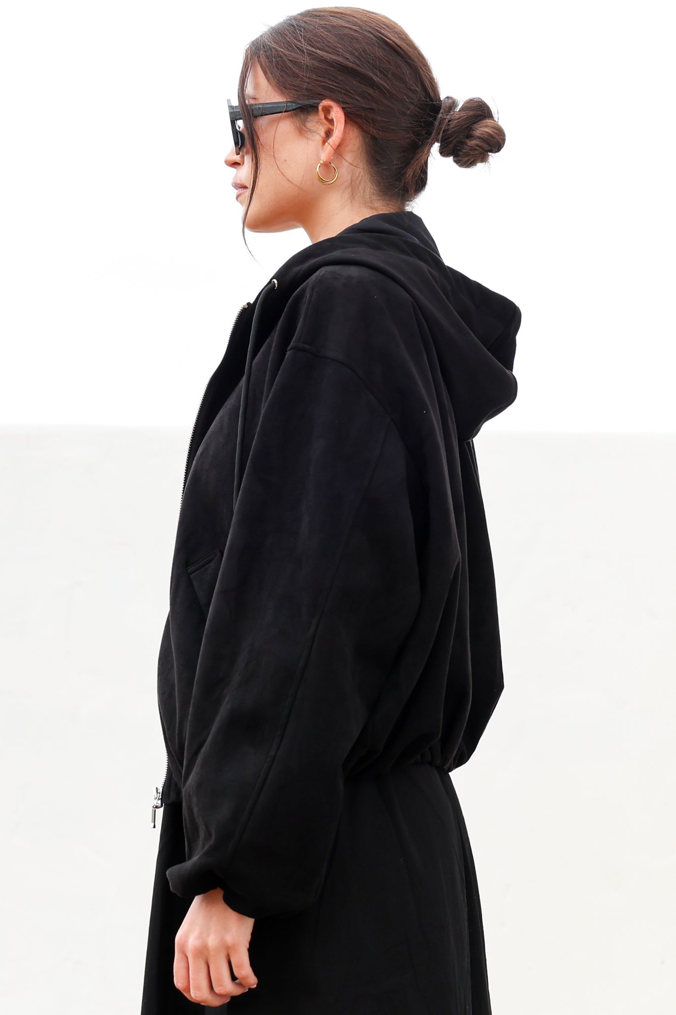 Vector Jacket - Faux Suede Zipper Closure Bomber Jacket with Hoodie in Black