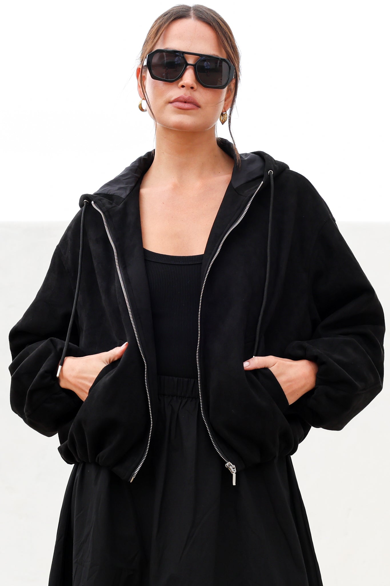 Vector Jacket - Faux Suede Zipper Closure Bomber Jacket with Hoodie in Black
