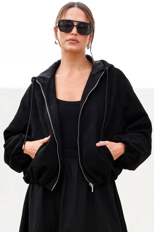 Vector Jacket - Faux Suede Zipper Closure Bomber Jacket with Hoodie in Black