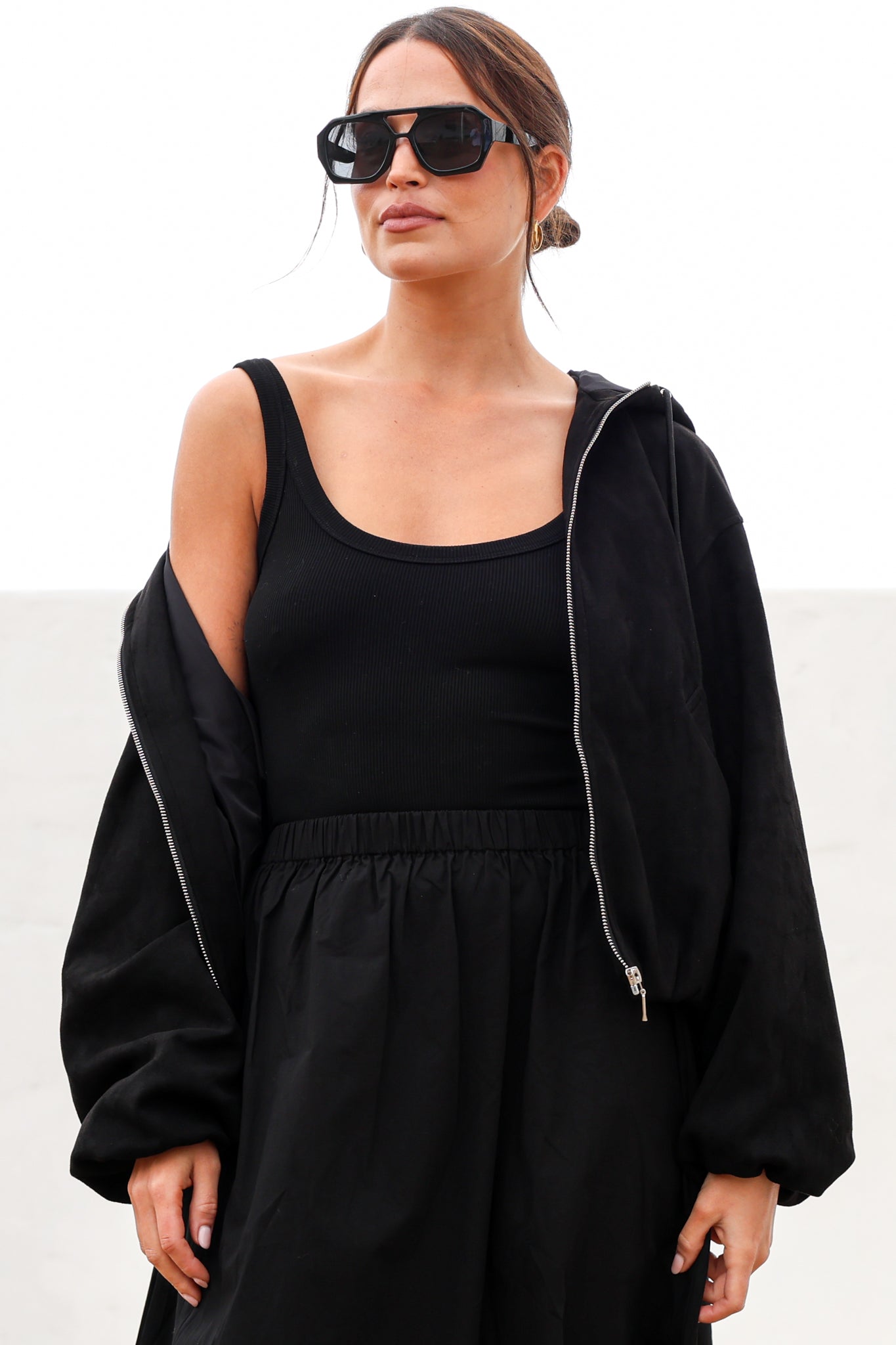 Vector Jacket - Faux Suede Zipper Closure Bomber Jacket with Hoodie in Black