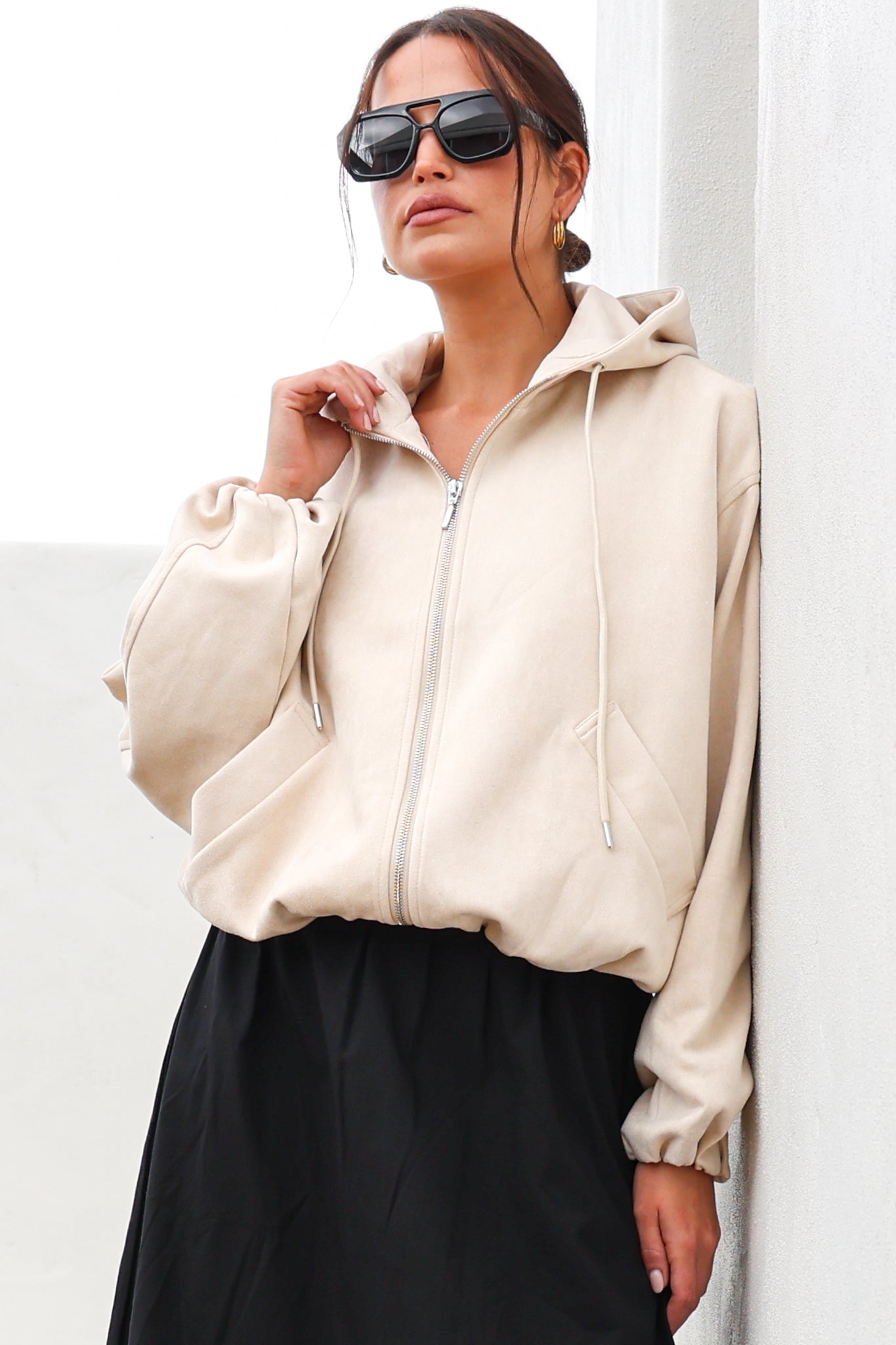 Vector Jacket - Faux Suede Zipper Closure Bomber Jacket with Hoodie in Cream