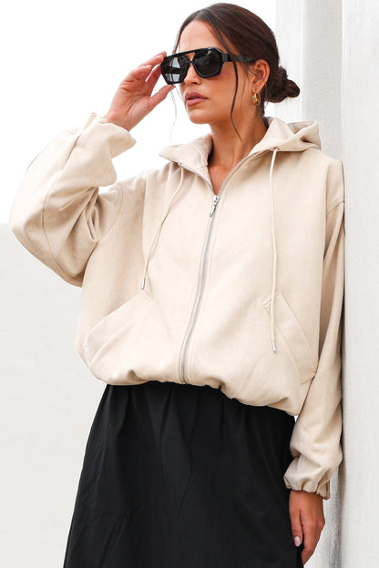 Vector Jacket - Faux Suede Zipper Closure Bomber Jacket with Hoodie in Cream