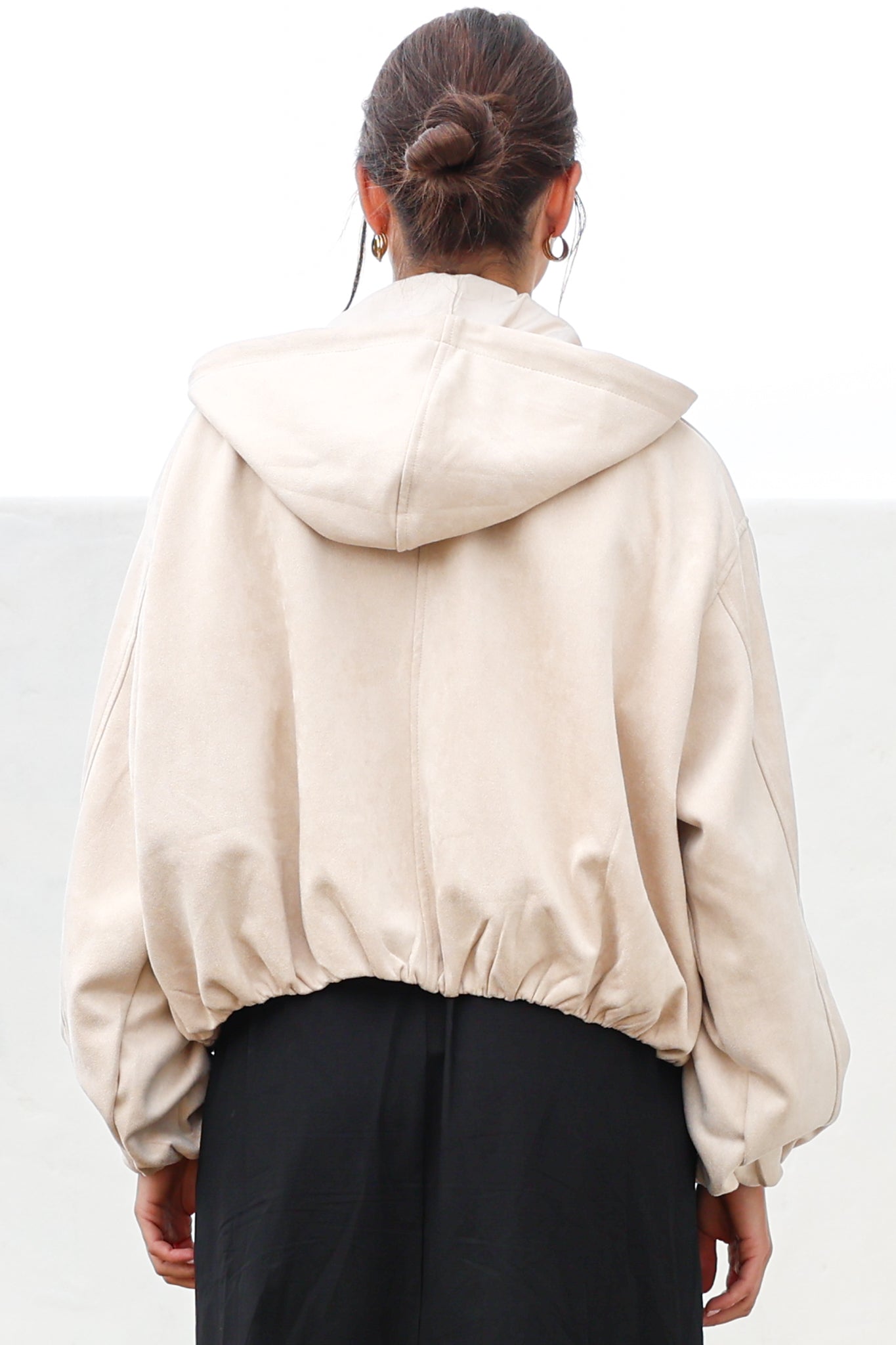 Vector Jacket - Faux Suede Zipper Closure Bomber Jacket with Hoodie in Cream