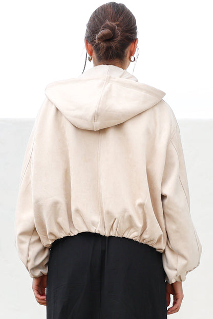 Vector Jacket - Faux Suede Zipper Closure Bomber Jacket with Hoodie in Cream