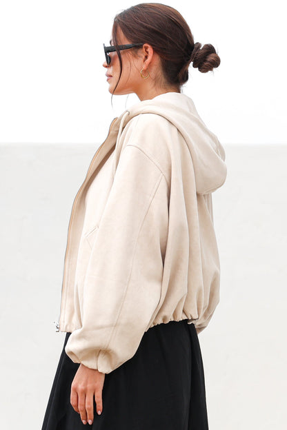Vector Jacket - Faux Suede Zipper Closure Bomber Jacket with Hoodie in Cream