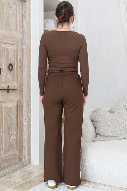 Victoria Pants - High Waisted Sports Stripe Wide Leg Pants in Chocolate