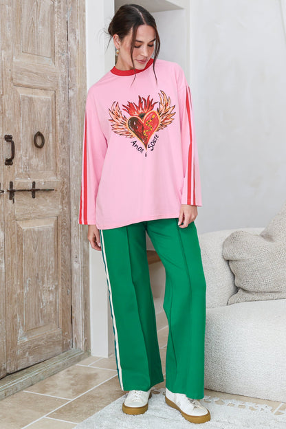 Victoria Pants - High Waisted Sports Stripe Wide Leg Pants in Green