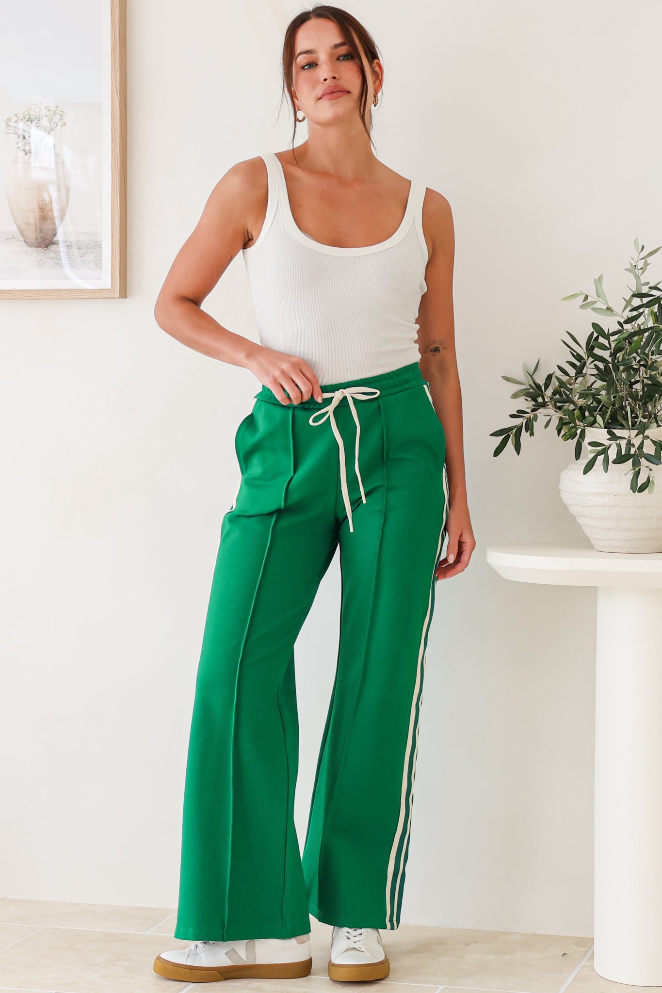 Victoria Pants - High Waisted Sports Stripe Wide Leg Pants in Green