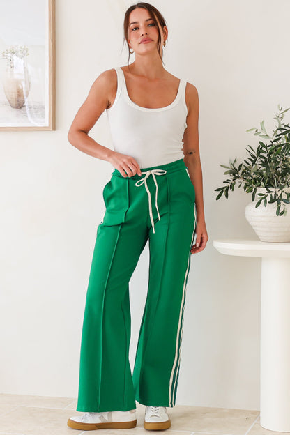 Victoria Pants - High Waisted Sports Stripe Wide Leg Pants in Green