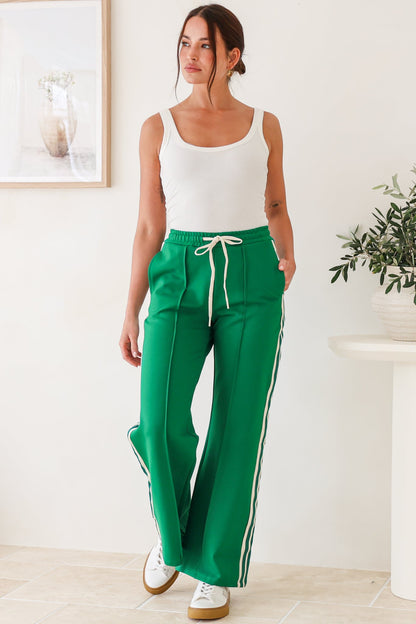 Victoria Pants - High Waisted Sports Stripe Wide Leg Pants in Green