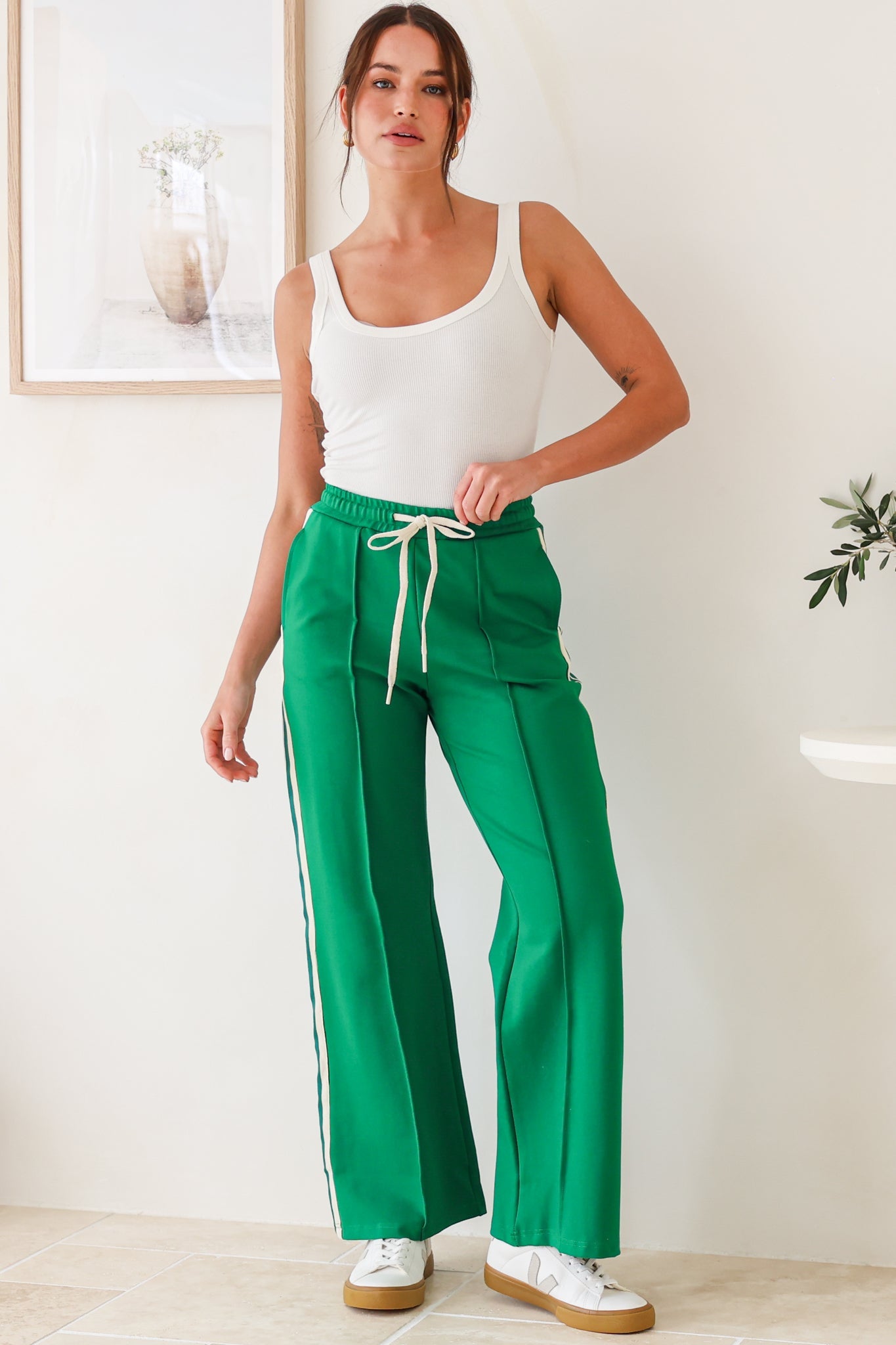 Victoria Pants - High Waisted Sports Stripe Wide Leg Pants in Green