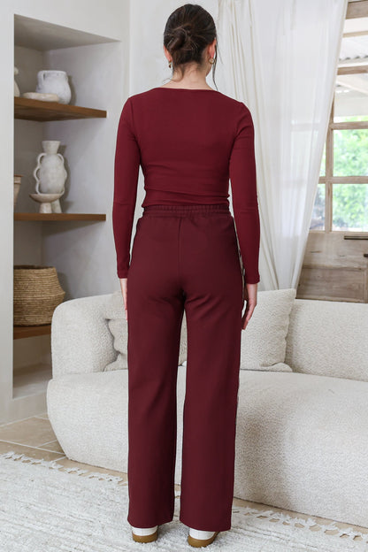 Victoria Pants - High Waisted Sports Heart Stripe Wide Leg Pants in Merlot