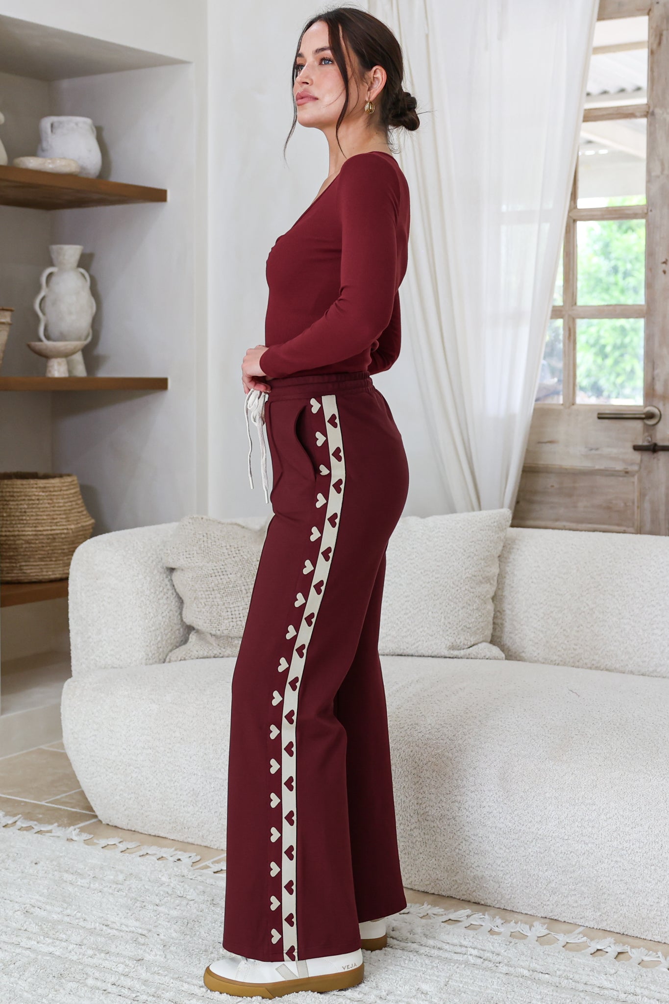 Victoria Pants - High Waisted Sports Heart Stripe Wide Leg Pants in Merlot
