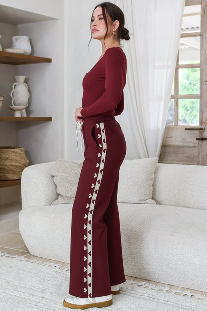 Victoria Pants - High Waisted Sports Heart Stripe Wide Leg Pants in Merlot