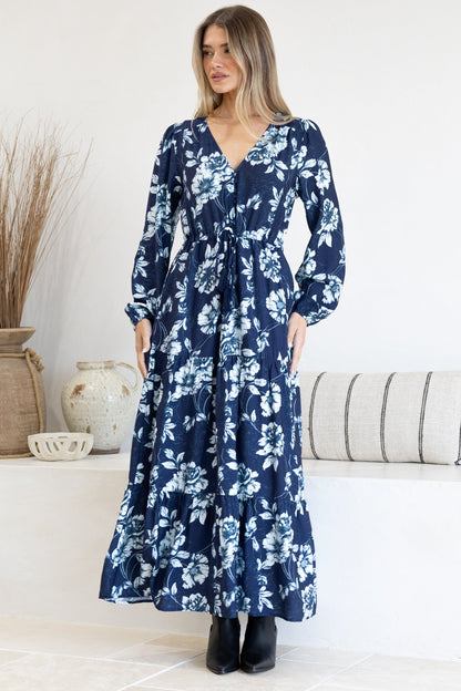 Villia Maxi Dress - V Neck Tiered Dress with Pull Tie Waist and Long Balloon Sleeves in Minka Print Navy