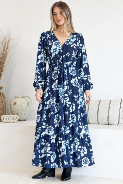 Villia Maxi Dress - V Neck Tiered Dress with Pull Tie Waist and Long Balloon Sleeves in Minka Print Navy