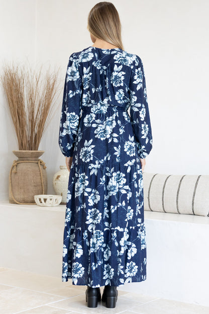 Villia Maxi Dress - V Neck Tiered Dress with Pull Tie Waist and Long Balloon Sleeves in Minka Print Navy