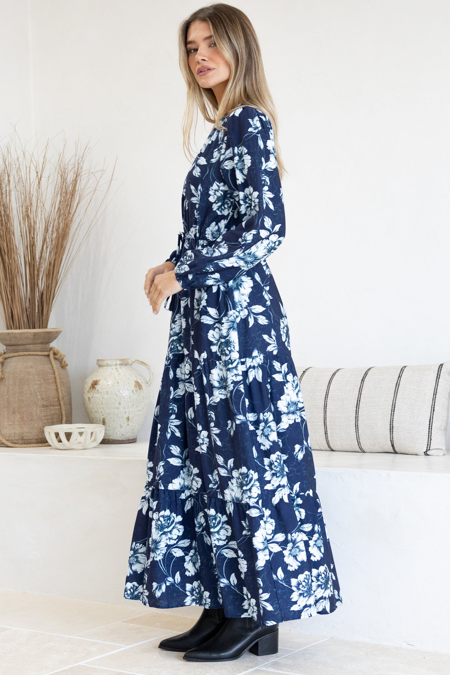 Villia Maxi Dress - V Neck Tiered Dress with Pull Tie Waist and Long Balloon Sleeves in Minka Print Navy
