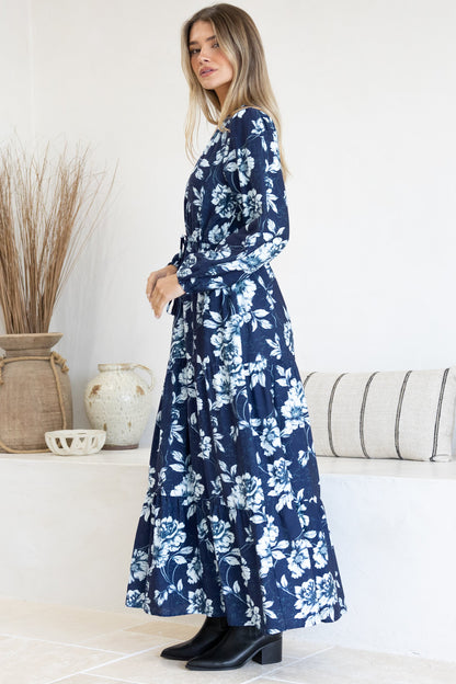 Villia Maxi Dress - V Neck Tiered Dress with Pull Tie Waist and Long Balloon Sleeves in Minka Print Navy