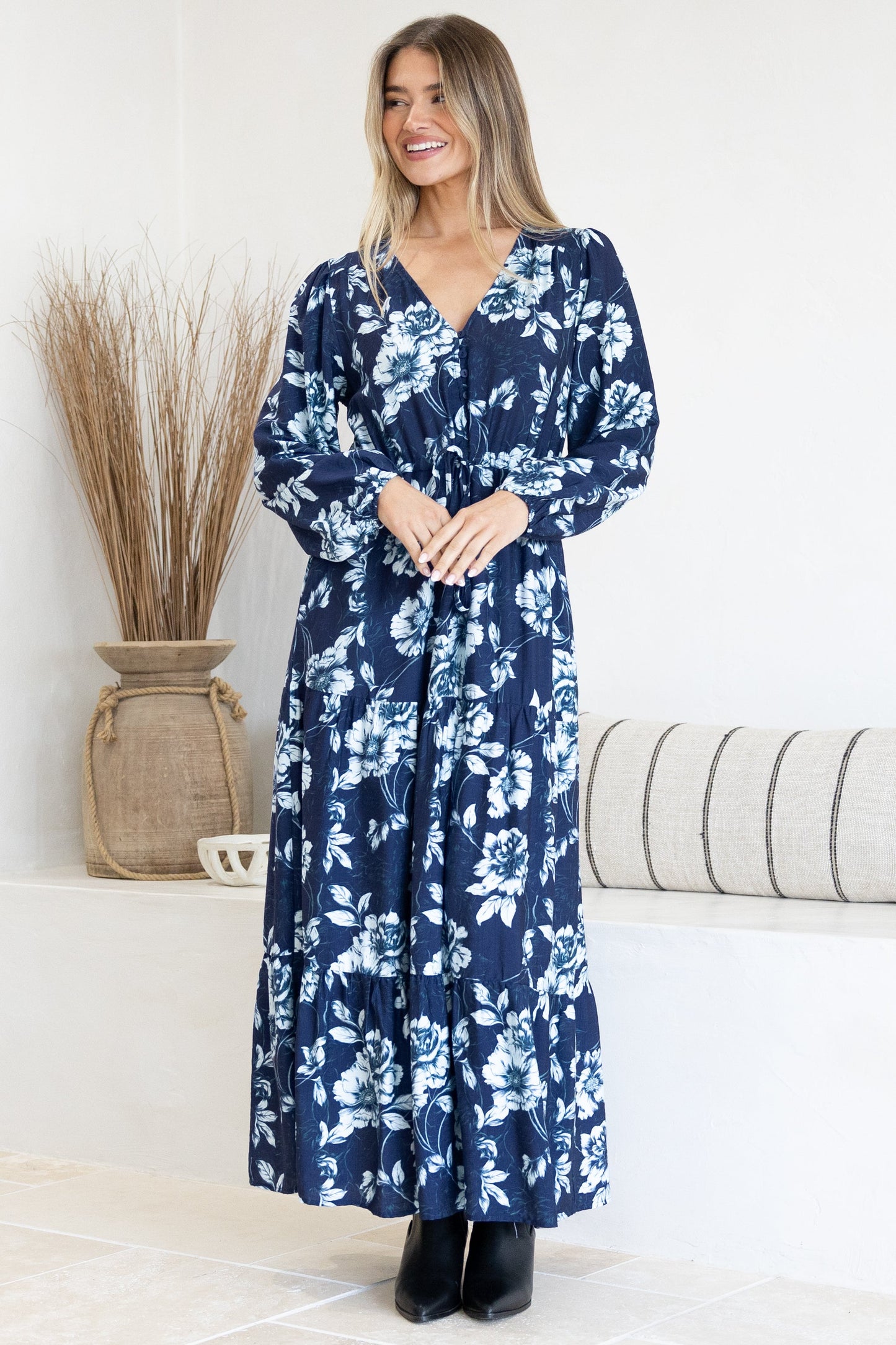 Villia Maxi Dress - V Neck Tiered Dress with Pull Tie Waist and Long Balloon Sleeves in Minka Print Navy