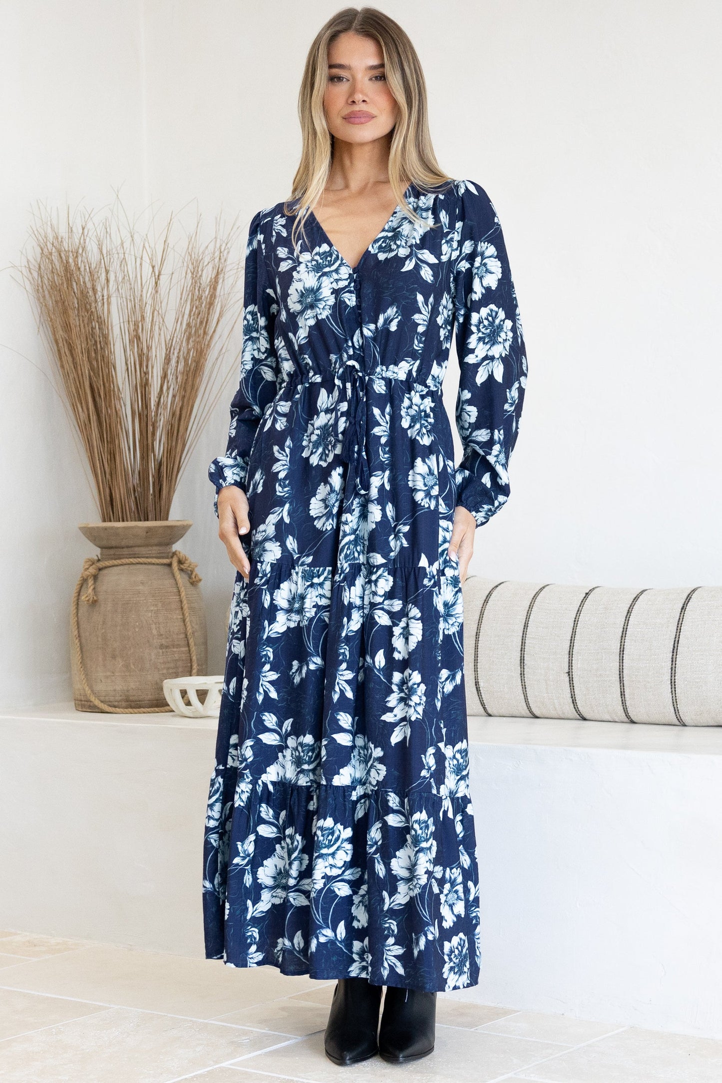 Villia Maxi Dress - V Neck Tiered Dress with Pull Tie Waist and Long Balloon Sleeves in Minka Print Navy