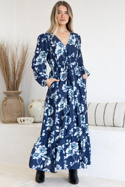 Villia Maxi Dress - V Neck Tiered Dress with Pull Tie Waist and Long Balloon Sleeves in Minka Print Navy