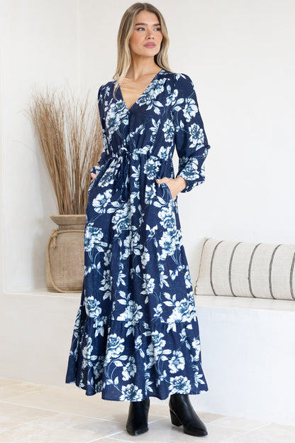 Villia Maxi Dress - V Neck Tiered Dress with Pull Tie Waist and Long Balloon Sleeves in Minka Print Navy
