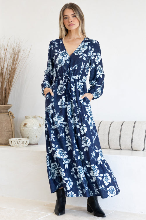 Villia Maxi Dress - V Neck Tiered Dress with Pull Tie Waist and Long Balloon Sleeves in Minka Print Navy