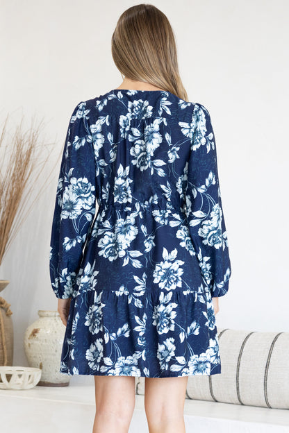 Villia Mini Dress - V Neck Buttoned Bodice Dress with Pull Tie Waist and Pockets in Minka Print Navy