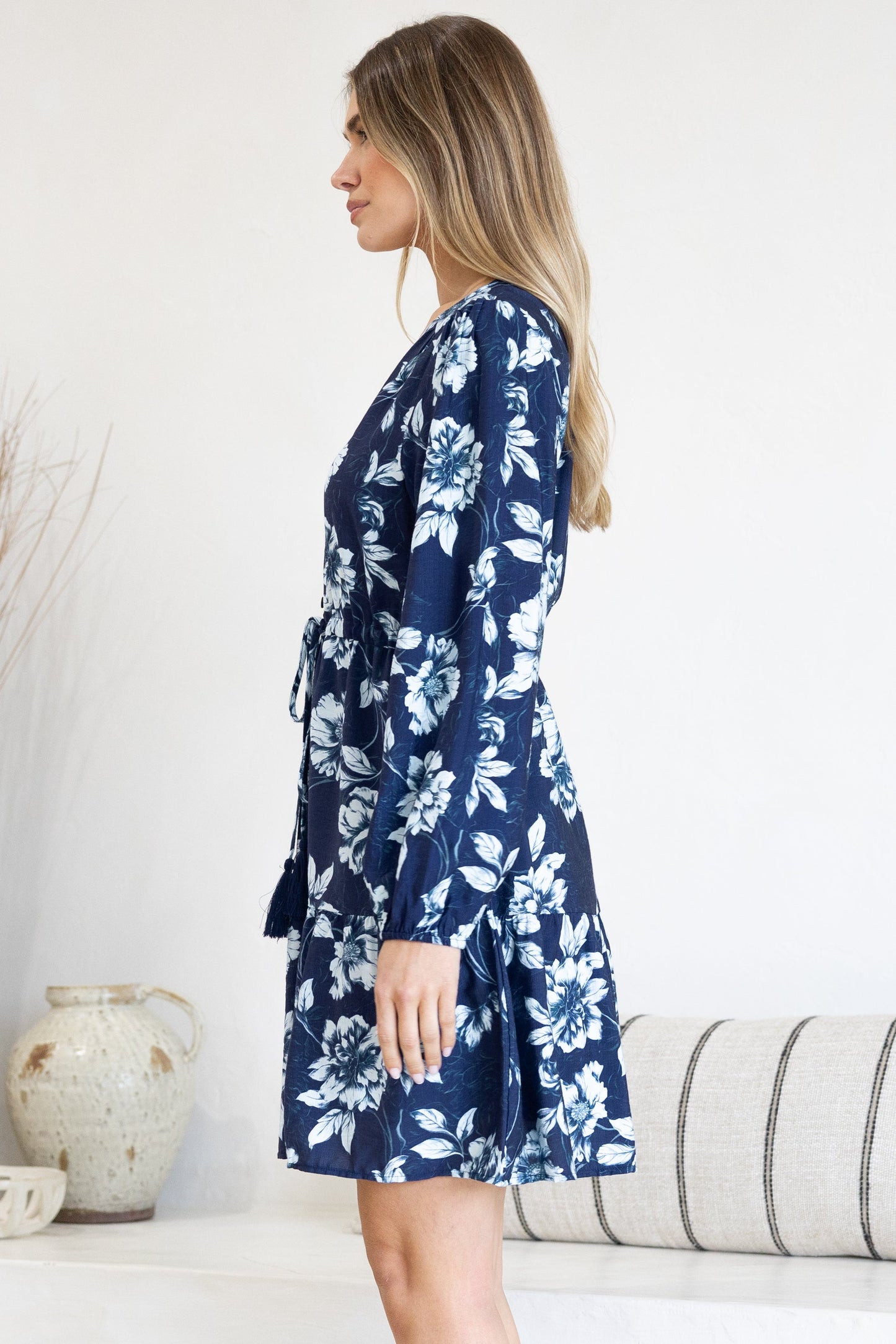 Villia Mini Dress - V Neck Buttoned Bodice Dress with Pull Tie Waist and Pockets in Minka Print Navy