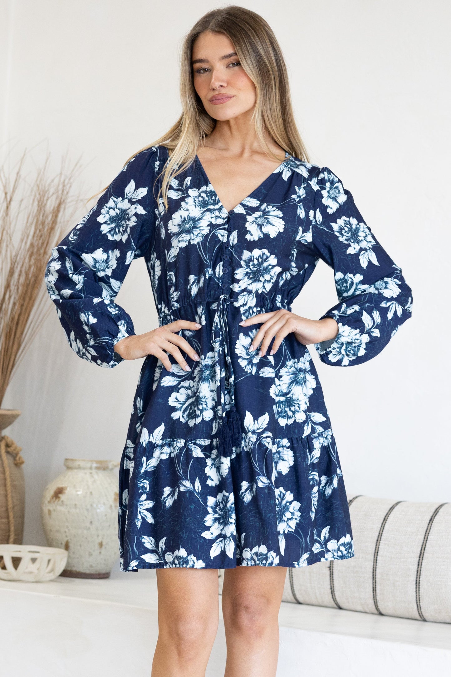 Villia Mini Dress - V Neck Buttoned Bodice Dress with Pull Tie Waist and Pockets in Minka Print Navy