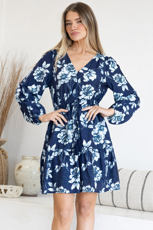Villia Mini Dress - V Neck Buttoned Bodice Dress with Pull Tie Waist and Pockets in Minka Print Navy