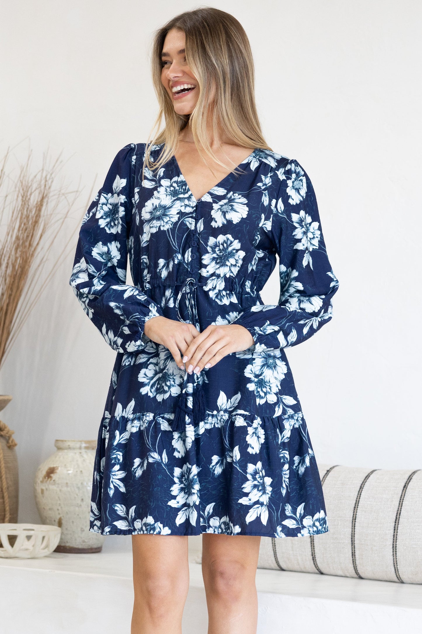 Villia Mini Dress - V Neck Buttoned Bodice Dress with Pull Tie Waist and Pockets in Minka Print Navy
