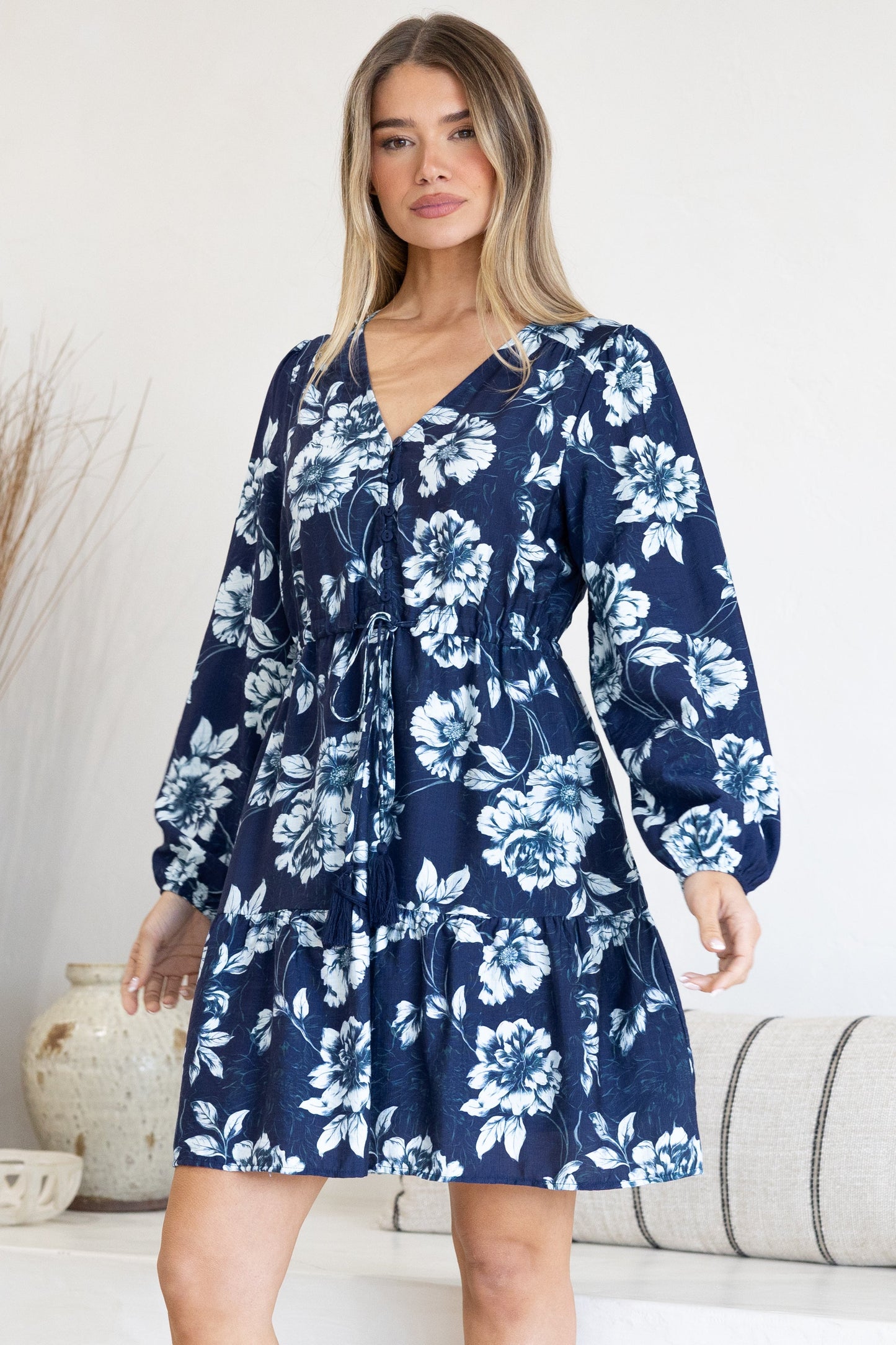 Villia Mini Dress - V Neck Buttoned Bodice Dress with Pull Tie Waist and Pockets in Minka Print Navy