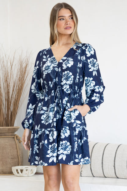 Villia Mini Dress - V Neck Buttoned Bodice Dress with Pull Tie Waist and Pockets in Minka Print Navy