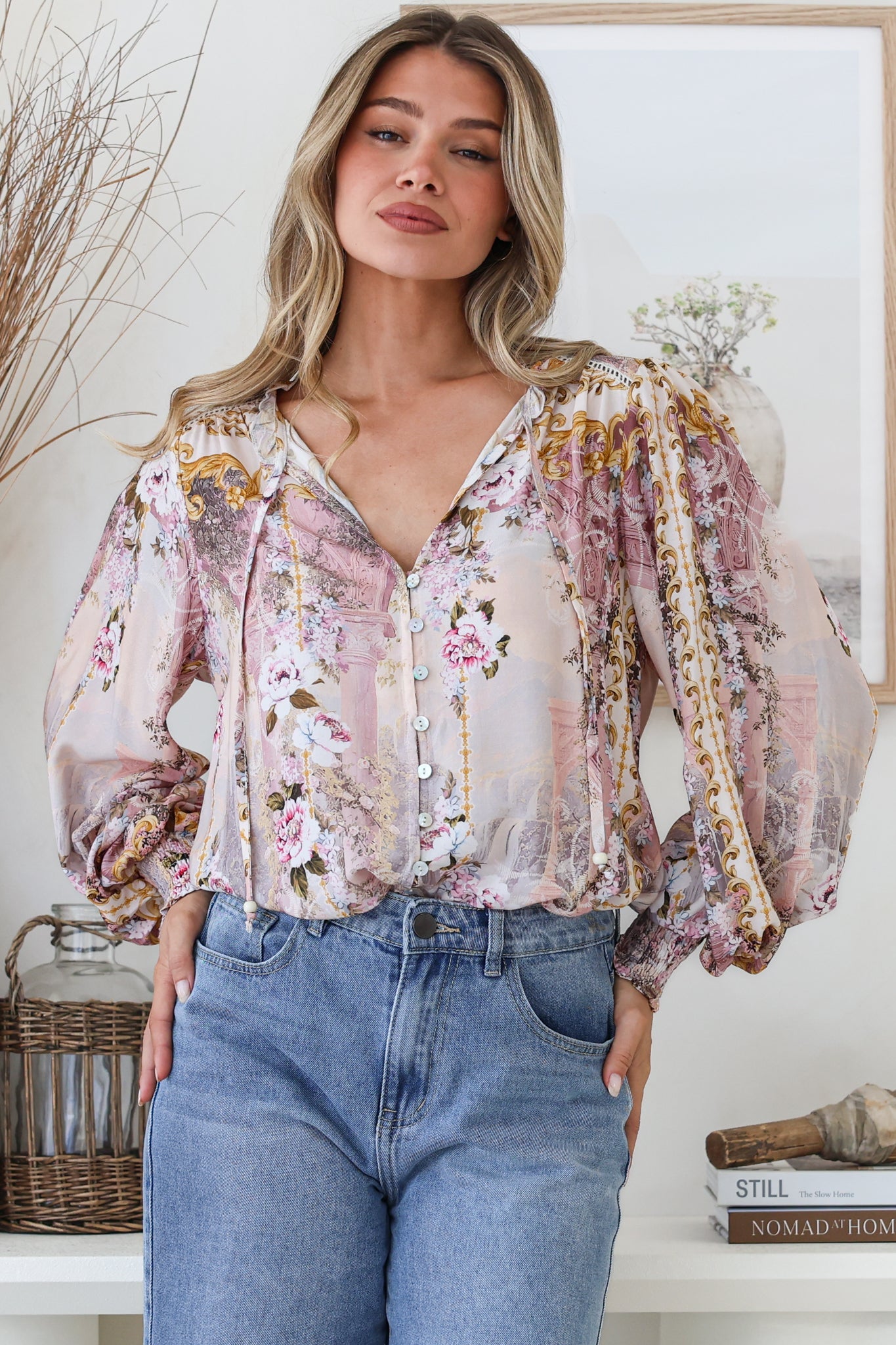 Violet Blouse - Frill Collar Button Down Balloon Sleeve Top in Baroque Print