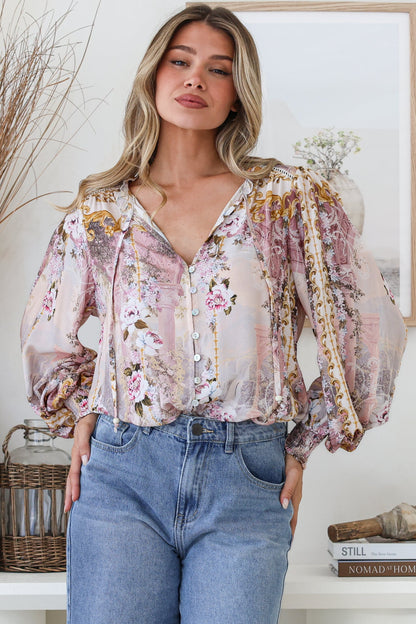 Violet Blouse - Frill Collar Button Down Balloon Sleeve Top in Baroque Print