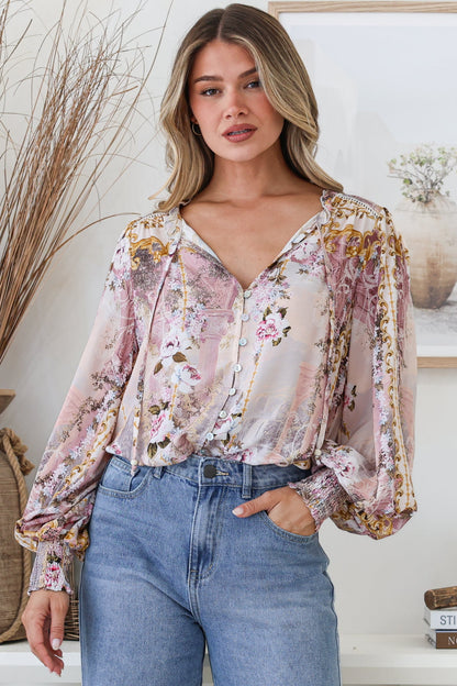 Violet Blouse - Frill Collar Button Down Balloon Sleeve Top in Baroque Print
