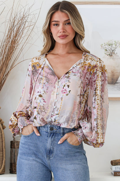 Violet Blouse - Frill Collar Button Down Balloon Sleeve Top in Baroque Print
