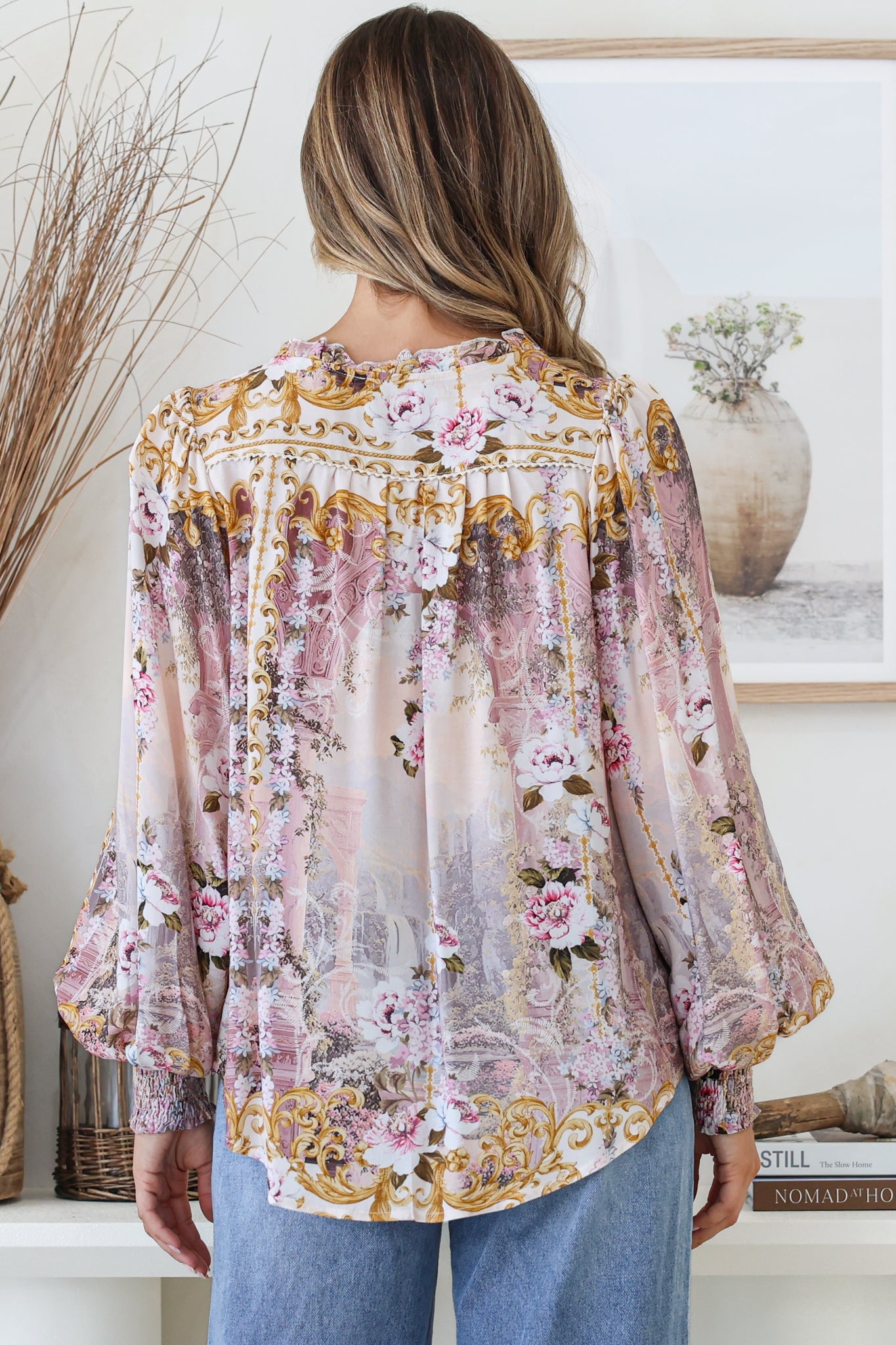 Violet Blouse - Frill Collar Button Down Balloon Sleeve Top in Baroque Print