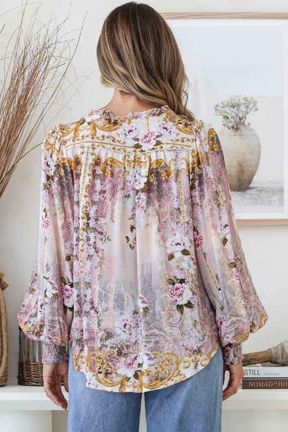 Violet Blouse - Frill Collar Button Down Balloon Sleeve Top in Baroque Print