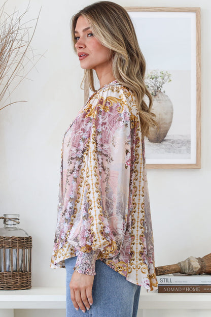 Violet Blouse - Frill Collar Button Down Balloon Sleeve Top in Baroque Print